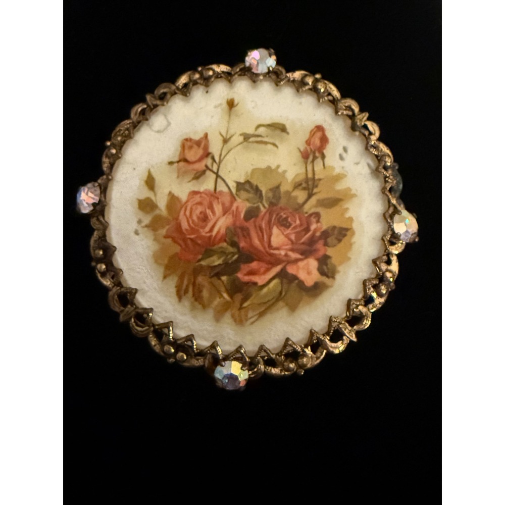 Vintage Gold Tone Floral Rose Brooch Aurora Borealis Rhinestone Filigree Pin